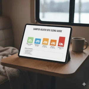 Infographic or chart explaining how to correctly size the required BTU output for a propane heater based on the camper size.