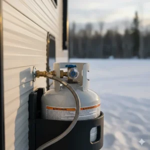 A 20lb propane tank securely connected to the regulator and fuel line supplying a camper heater.