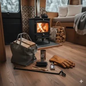 Collection of essential camper wood stove accessories, including a small log carrier, fire poker, and magnetic thermometer.