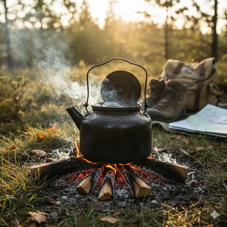 A durable camping kettle heating water over a crackling campfire at dawn, essential gear for any outdoor adventurer.