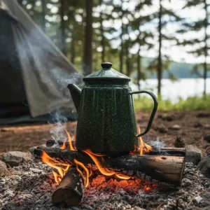 A durable, classic enamel camping percolator sitting directly on hot embers of a campfire, demonstrating rugged use.