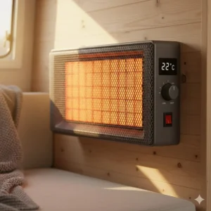 Close-up of a catalytic propane heater panel, highlighting the flameless heating technology suitable for camper use.