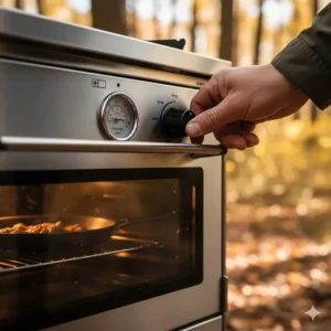 A hand adjusting the heat gauge or checking the thermometer on a high-quality camp stove with oven.