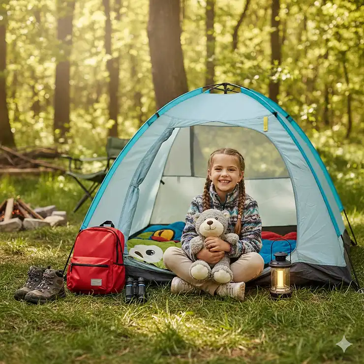 A happy young child smiling inside their bright, durable tent and cozy sleeping bag, showcasing essential children's camping equipment.