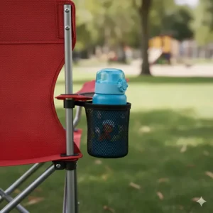 Detail view of a children's camping chair armrest showing the built-in mesh cup holder for a drink bottle.