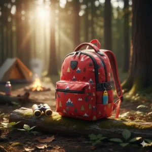 A durable, brightly colored small backpack for holding children's camping equipment and hiking essentials.