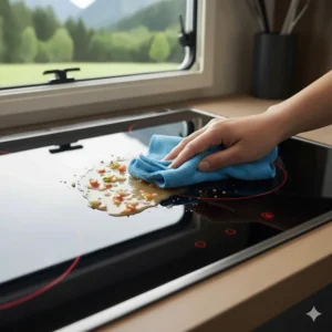 A quick and easy-to-clean glass surface of a camper induction cooktop being wiped down after a small spill.