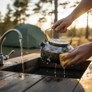 Easy maintenance and cleaning of a used camping kettle with a soft sponge and soapy water to remove soot and residue.