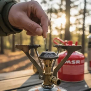 Small tool being used to clean the jet of a white gas camp stove burner for maintenance.