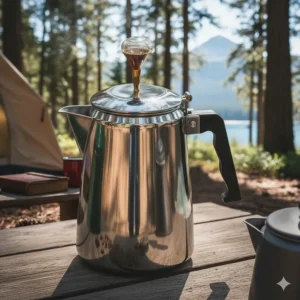 Detailed view of a high-quality stainless steel percolator, often considered the best camping percolator for durability and longevity.