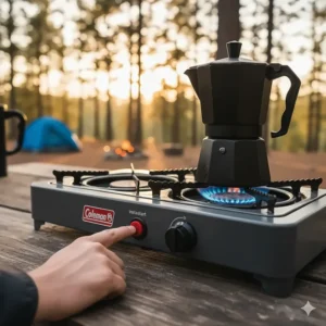 Hand demonstrating the Instastart ignition feature on the Coleman camping stove for quick, matchless lighting.