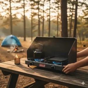 Coleman camping stove open with built-in wind block shields up, protecting the flame on a windy day.