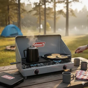 A two-burner Coleman camping stove with a pot on one side and the griddle being used simultaneously.