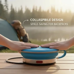 Close-up of a collapsible silicone electric kettle being flattened for storage, showcasing its space-saving features for backpackers.