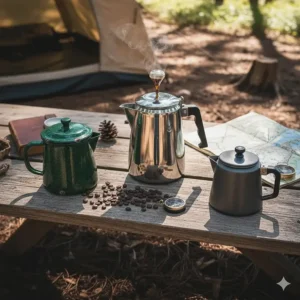 An organized overhead shot comparing three different models of the best camping percolator options, such as stainless steel and enamel.