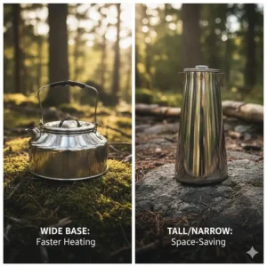Comparison of different camping kettle designs, highlighting the wide-base model for faster heating efficiency on various stoves.