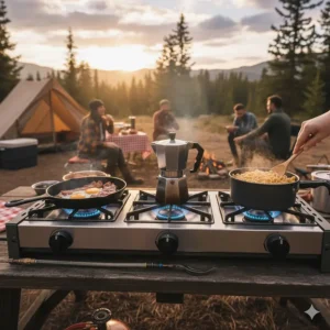 Three large pots and pans cooking simultaneously on the powerful 3 burner stove at a campsite.