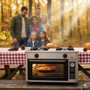 A cast iron skillet with a small pizza cooking inside the outdoor camp stove with oven for a family camping trip.