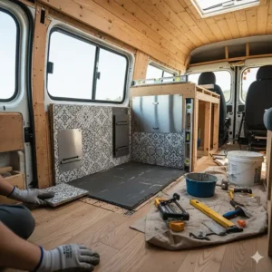 Step-by-step image of building a non-combustible tile hearth and heat shielding for a DIY camper wood stove project.