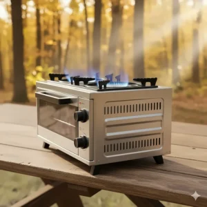 Side view of a durable dual-burner camp stove with oven, highlighting its stainless steel construction.