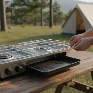 Removable chrome-plated grate and drip tray on the 3 burner stove for simple and easy cleanup after camping meals.