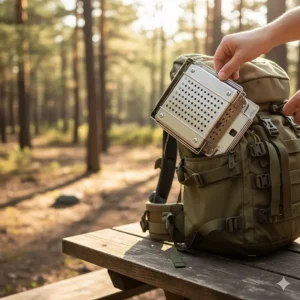 A flat-pack, folding metal rack camping toaster ready for compact storage in a backpack.