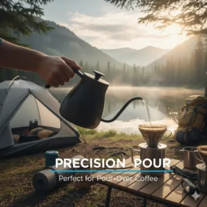A hand pouring hot water from a gooseneck electric kettle, emphasizing the precision spout perfect for making pour-over coffee outdoors.