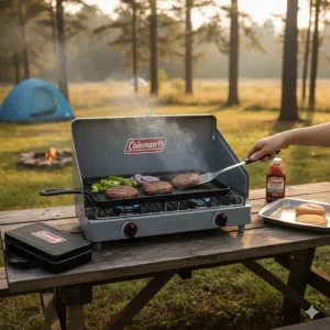 Hamburgers and vegetables grilling on the ribbed half of the reversible Coleman griddle while camping.