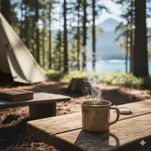 A steaming mug of fresh coffee brewed with the best camping percolator, set against a beautiful natural backdrop like mountains or a lake.