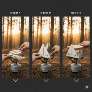 Diagram or step-by-step image illustrating the simple setup process of a folding camping toaster.