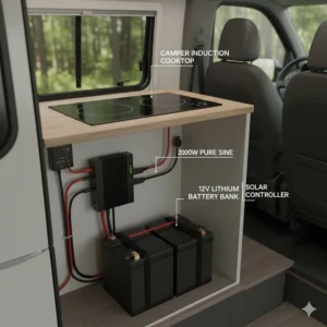 Wiring diagram or image showing a camper induction cooktop connected to a van's electrical system, including the necessary inverter and battery bank.