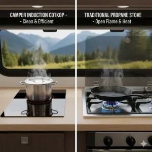 Comparison image highlighting the difference between a clean camper induction cooktop and a traditional propane stove with an open flame.