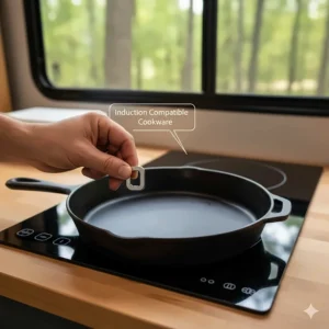 Hand testing a piece of cast iron cookware with a magnet to check for compatibility with a camper induction cooktop.