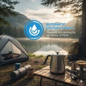 Image of a travel kettle's safety mechanism, showing a sensor icon for automatic shutoff to prevent dry boiling while camping.