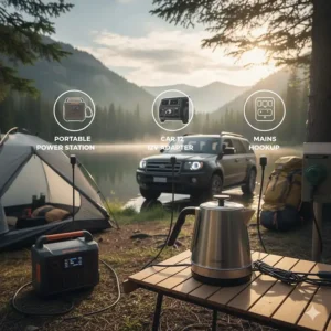 Infographic detailing various power sources for camping electric kettles: car adapter (12V), portable power station, and traditional mains power hookup.