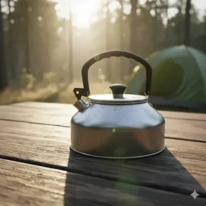 Close-up of a high-quality camping kettle featuring a comfortable, heat-resistant silicone handle and a securely sealed lid resting on a wooden picnic table.