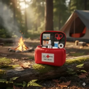 A comprehensive, clearly labeled first aid kit kept easily accessible for any minor camping injuries.