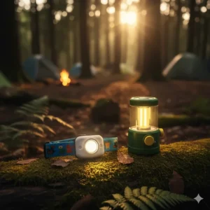 A safe, child-sized LED headlamp and portable lantern for young campers to use around the campsite.