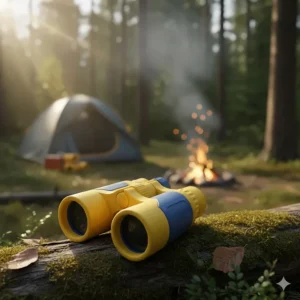 Lightweight, shockproof binoculars allowing children to explore wildlife and nature during a camping adventure.