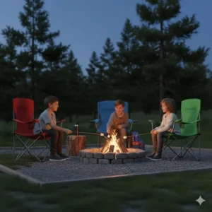Happy children sitting in camping chairs around a small campfire while roasting marshmallows.