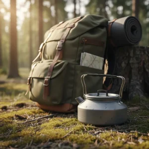 Lightweight aluminum camping kettle with a heat-resistant, foldable handle, packed next to an outdoor backpack for easy transport.