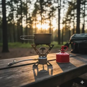 A lightweight, portable single-burner white gas backpacking stove with a fuel bottle attached.