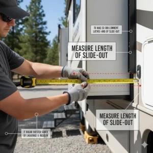 Diagram illustrating the correct way to measure the length of a camper slide out opening for ordering the appropriate awning.