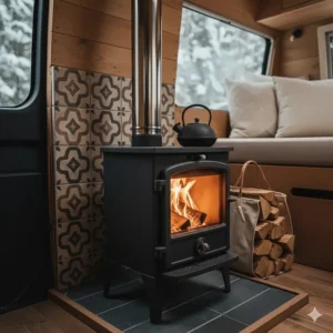 Close-up of a mini wood stove for a camper van, showing the small firebox and glass door with bright flames.