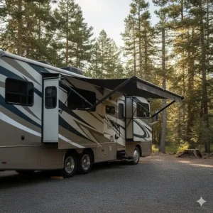 A view of the sleek, compact appearance of the motorhome bump out awning when it is fully retracted for travel.