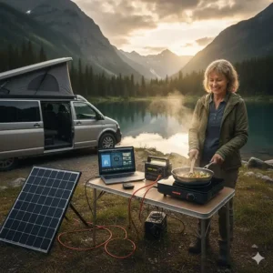 RVer cooking a meal outdoors using a camper induction cooktop powered by a solar and battery setup in a remote location.