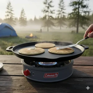 Golden brown pancakes cooking on the large non-stick griddle accessory of the Coleman camping stove.