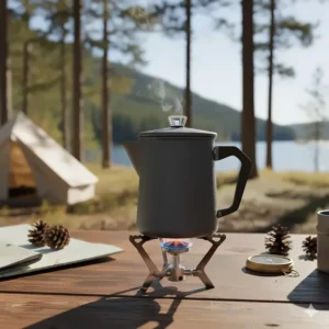 An aluminum or stainless steel percolator heating up on a small, efficient backpacking stove, an alternative to the campfire for the best camping percolator brew.