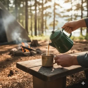 Close-up of a person carefully pouring hot coffee from the spout of a camp percolator into a ceramic mug outdoors.