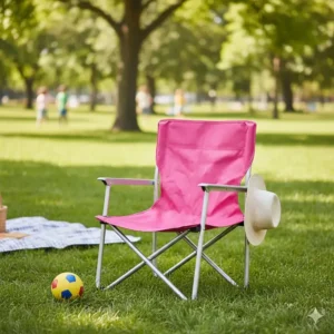 A vibrant pink children's outdoor folding chair designed for comfortable seating during family picnics or sports games.